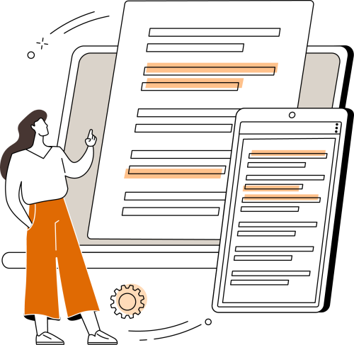 Eine Frau steht neben einem großen Laptop und einem Tablet, auf denen Dokumente angezeigt werden; Symbol für digitale Kursunterlagen und Programme